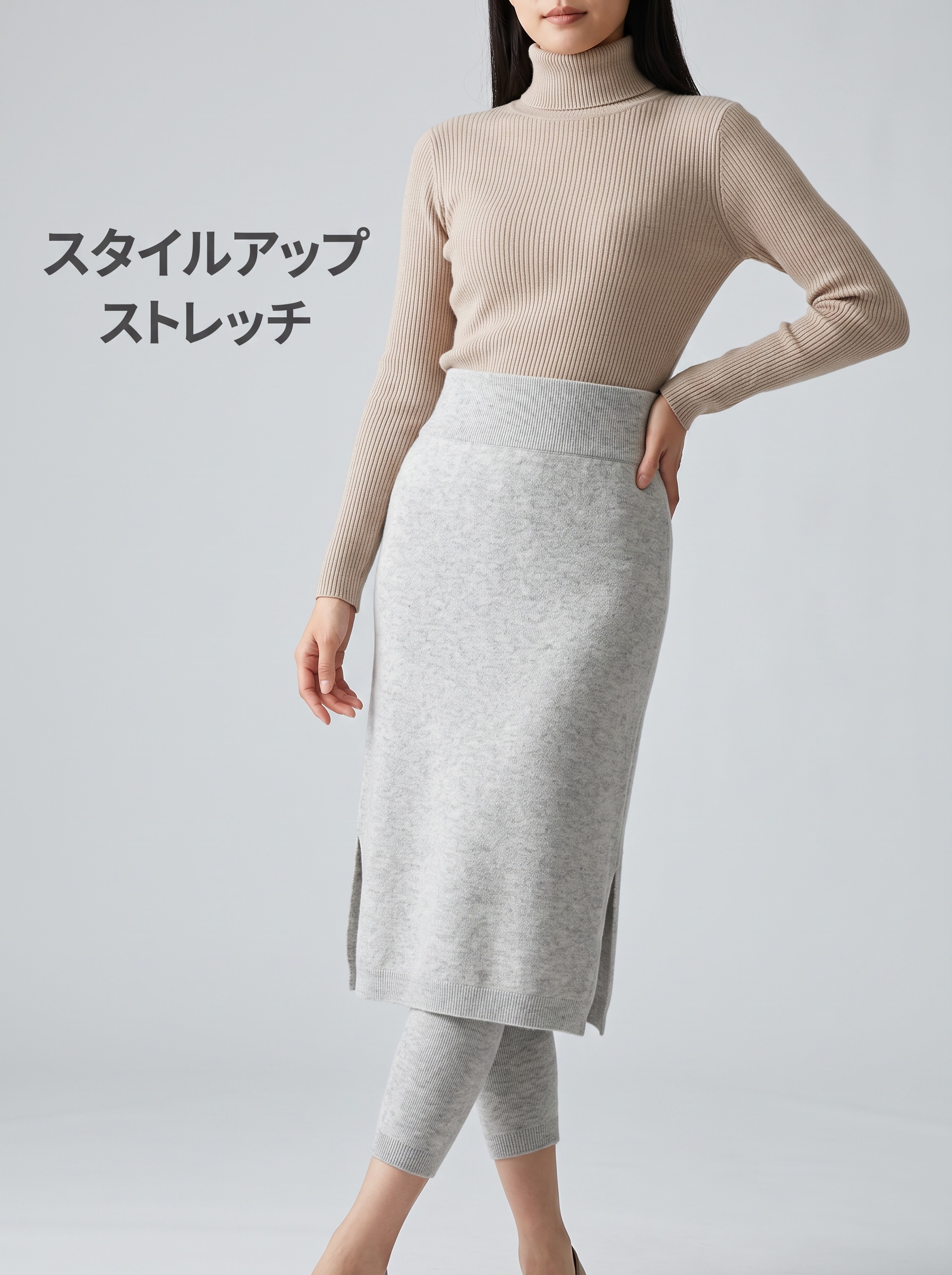 日系电商服装主图，女士假两件裙裤正面展示。画面从锁骨以下开始裁… - 图片创意预览