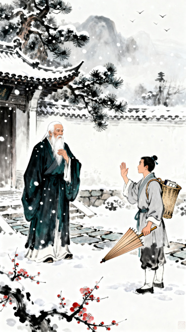 新中式水墨写意国画，竖幅构图，描绘程颐老先生风雪送别弟子杨时，漫天鹅毛大雪，天地苍茫，白雪覆满书院黛瓦、青石板路、古松寒梅，远山朦胧淡墨晕染；画面左侧程颐是宋代大儒，白发白须，面容清癯慈祥，身着深黛色预览效果