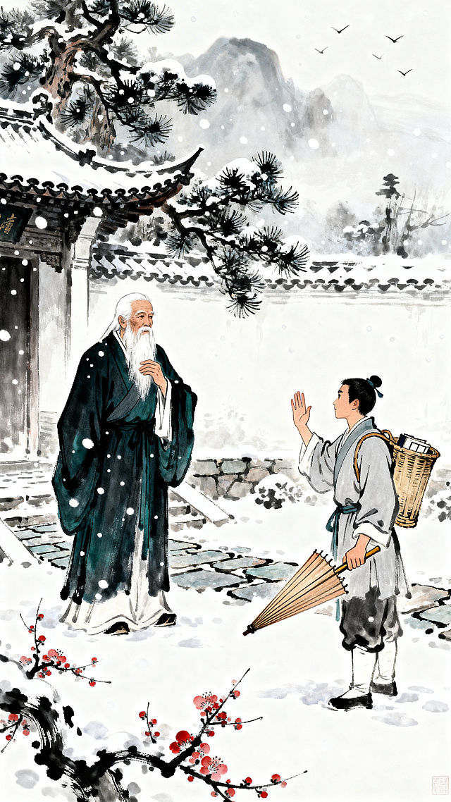 水墨工笔交融，雪中古院前师徒对望，松梅映衬，静谧悠远，尽显古典中式文艺之美。
