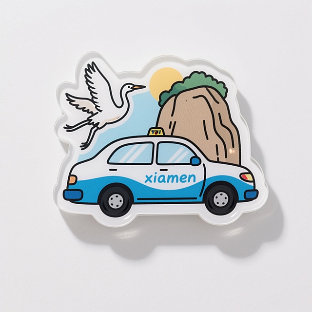 清新插画风，卡通出租车与白鹭飞翔，轻拟物山景背景，展现厦门自然风情。