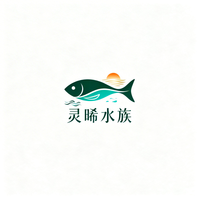 灵晞水族logo设计，简约高级干净轻奢线条感风格，主色为墨绿色、青绿色、暖橙色、晨曦金色，包含极简流线鱼形元素、弱化点缀的水波纹元素、晨曦光感线条元素，品牌名称为灵晞水族，整体设计极简有质感，留白充足预览效果