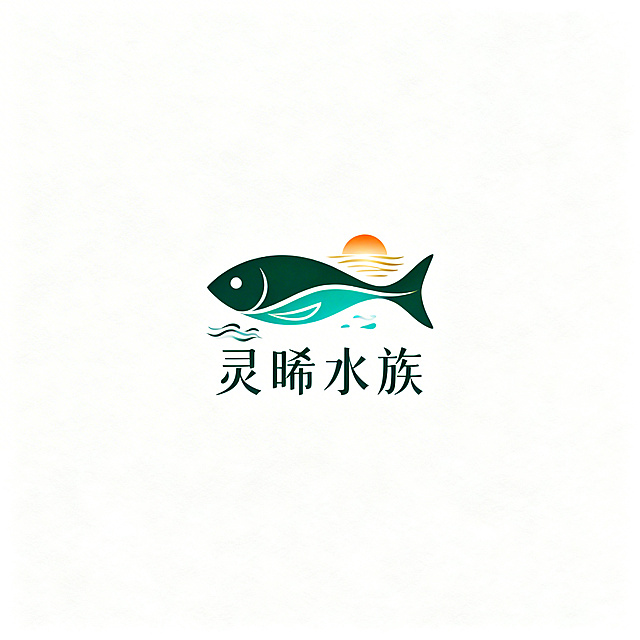 灵晞水族logo设计，简约高级干净轻奢线条感风格，主色为墨绿色、青绿色、暖橙色、晨曦金色，包含极简流线鱼形元素、弱化点缀的水波纹元素、晨曦光感线条元素，品牌名称为灵晞水族，整体设计极简有质感，留白充足适合多场景使用