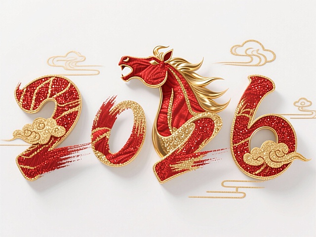 在白色背景上有：“2026” 立体艺术字，首个数字 “2” 衔接抽象的马（抬头张嘴叫，马首红底鎏金纹路），红色闪粉布料与金色金属的材质；金色用于马首鬃毛、字边缘带有金色立体刺绣描边，数字表面叠加毛笔笔触纹理，周围点缀细线金色祥云装饰
