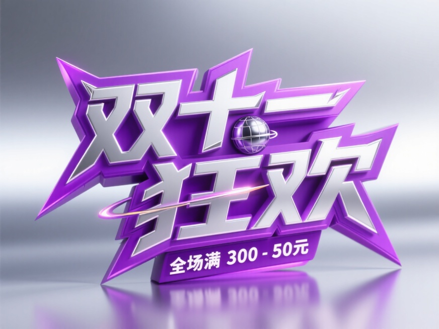 3D尖锐的字体设计，紫色“双十一 狂欢”+银色“全场满300-50元”，星球模型嵌入在文字里，双层字效结构。银色背景预览效果