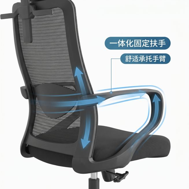 电商功能介绍图，展示这款黑色办公椅扶手固定支撑功能，白底背景，干净简约商务风格，突出一体化固定扶手设计舒适承托手臂预览效果