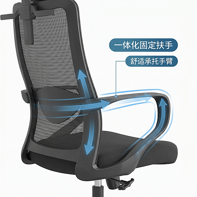 电商功能介绍图，展示这款黑色办公椅扶手固定支撑功能，白底背景，干净简约商务风格，突出一体化固定扶手设计舒适承托手臂