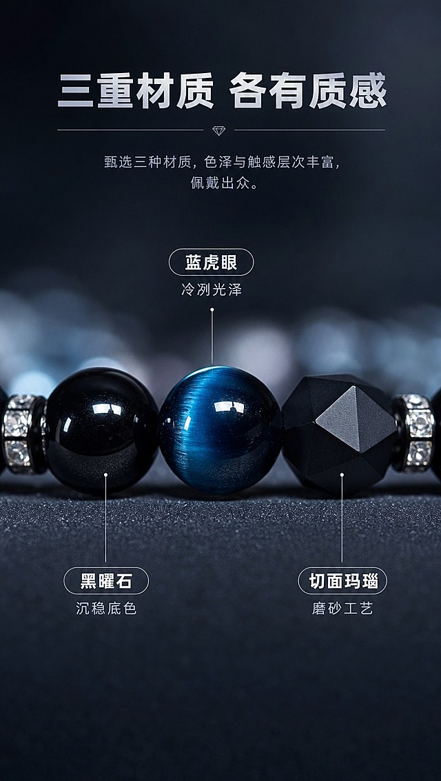 [商品] 使用【图1】男士手串，保留蓝虎眼圆珠、黑曜石圆珠、磨砂切面黑玛瑙珠的全部结构、颜色、材质和排列顺序；增强各珠子的光泽与肌理质感，不改变商品原貌。
[画面] 细节质感·三材质展示型。手串局部特写，画面中同时清晰展示蓝虎眼珠子、黑曜石珠子和磨砂切面黑玛瑙珠三颗相邻的珠子，以蓝虎眼为视觉中心，左右分别是黑曜石和切面玛瑙。冷调侧光打亮三颗珠子，展现各自材质特色：蓝虎眼的流动光泽、黑曜石的深邃底色、切面玛瑙的磨砂棱角。背景为深色哑光虚化。珠子群占画面55%，居中展示。前中后景：前景珠面高光细节、中景三颗珠子主体、后景深色虚化背景。真实如相机微距拍摄。
[视觉] 套系策略：风格=高级暗调冷色系商业珠宝摄影，真实相机拍摄质感；标题字=阿里巴巴普惠体 Bold；正文字=阿里巴巴普惠体 Regular；小标题=阿里巴巴普惠体 Medium；主色=深邃藏青蓝+炭黑；背景延展=基于藏青蓝与炭黑做深浅层级、渐变和细腻质感，整体明亮度适中不过于黑暗；强调色=冷银白，仅用于小面积图标、引线、标签和金属高光；标题色=冷银白；正文色=浅灰蓝；组件=细线分隔、简约信息卡、冷调图标；光影=侧方冷调柔光，突出各珠子材质特色与对比。
[文字] 顶部主标题「三重材质 各有质感」，三颗珠子旁用细线引线标注简短名称：蓝虎眼·冷冽光泽、黑曜石·沉稳底色、切面玛瑙·磨砂工艺。文案精简，避免密集，不遮挡珠子主体。
[规格] 图片比例9:16竖版，4K分辨率，淘宝/天猫详情页适配，中文文案。负向提示：避免变形、错字、文字过小过密、过于黑暗、珠子颜色改变、塑料感、卡通感、水印。禁止出现"天然"字样。