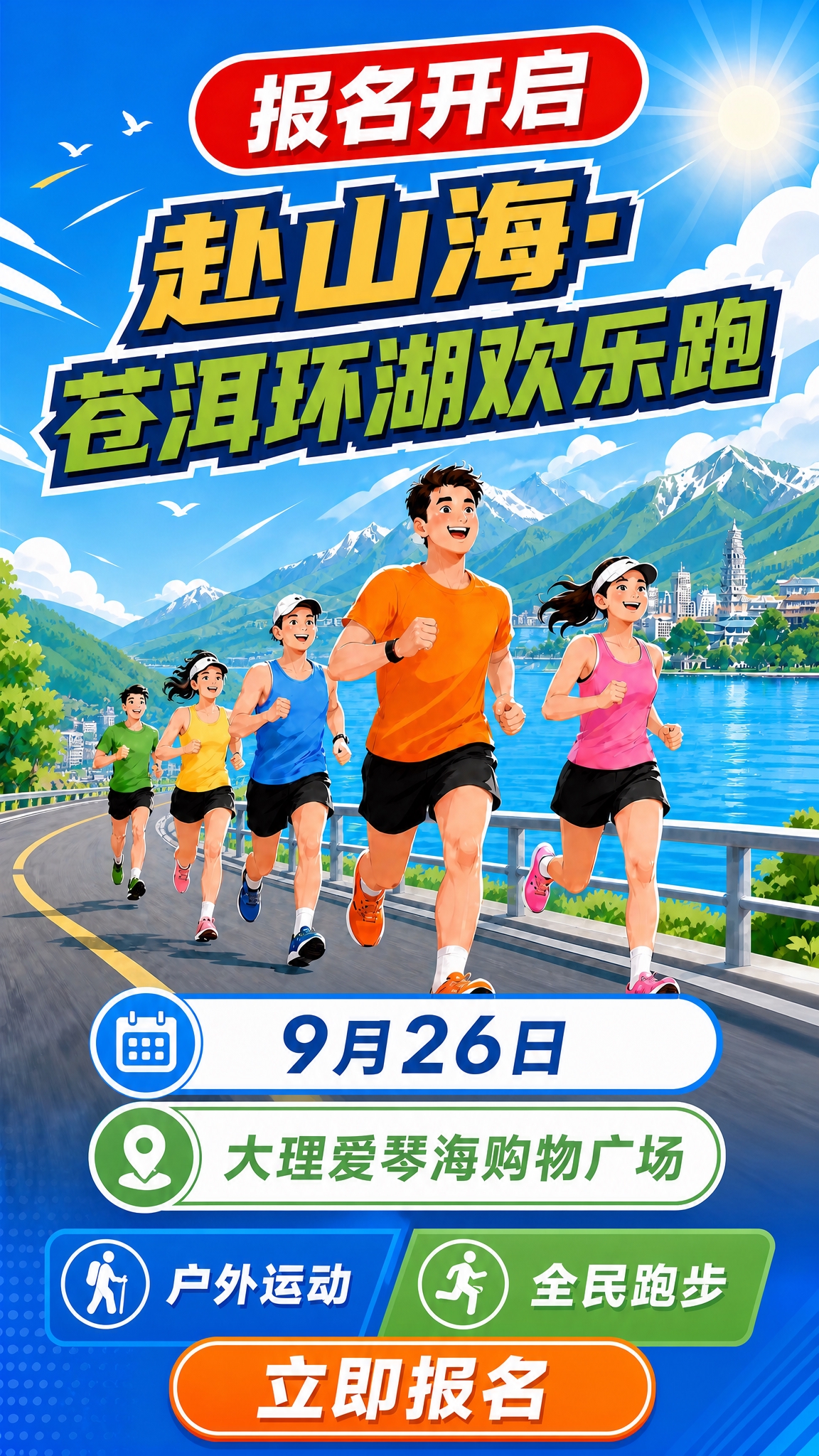 将这张横版“赴山海·苍洱环湖欢乐跑”海报重新排版为9:16竖版… - 图片创意预览