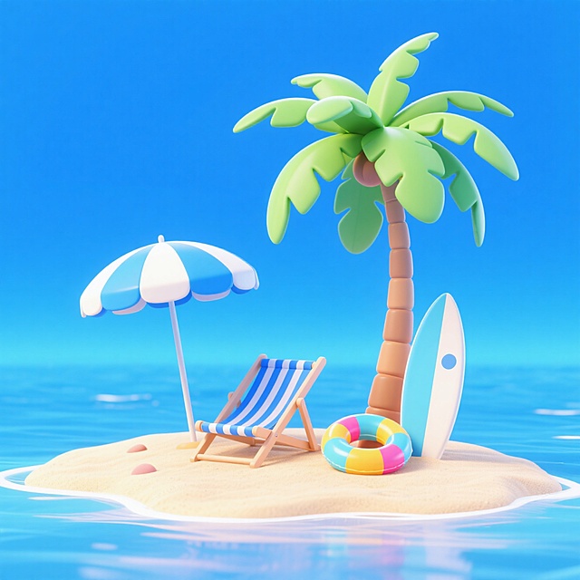 清新软3D风，卡通海岛场景，椰树、躺椅与救生圈，夏日度假氛围。