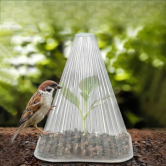 将图片中的育苗罩生成一下几个场景：一是育苗罩罩着植物苗，旁边的鸟儿想偷吃但是偷吃不到；二是一排排育苗罩罩着田里的植物们，井然有序；三是外国人正在耕种，将育苗罩罩在刚耕种下去的植物上。场景尽量部位和