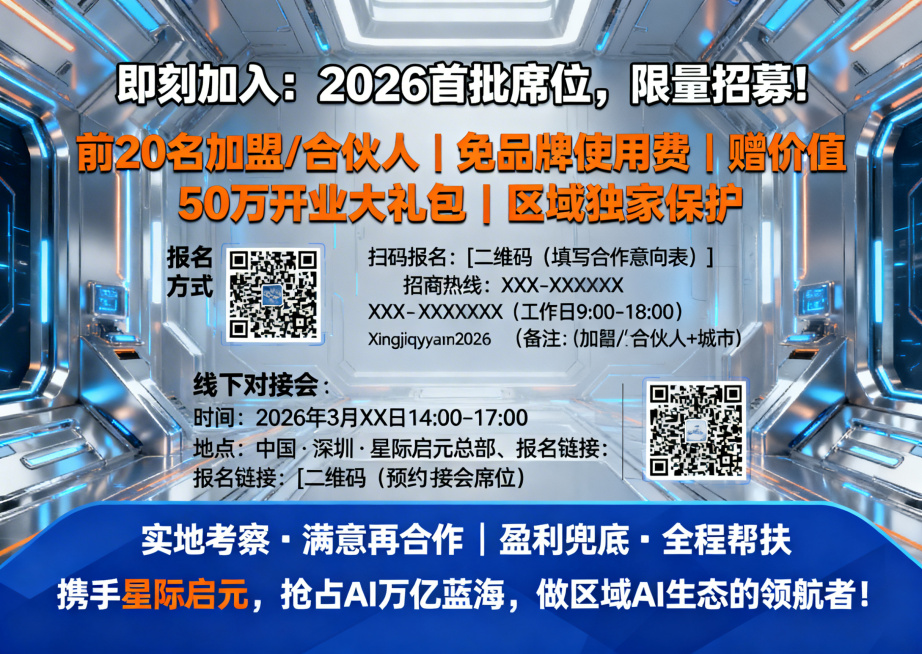 16开横版页面，标题为粗体的“即刻加入：2026首批席位，限量招募！”，核心信息集中呈现，橙色字体突出首批福利“前20名加盟/合伙人｜免品牌使用费｜赠价值50万开业大礼包｜区域独家保护”；报名方式标注预览效果