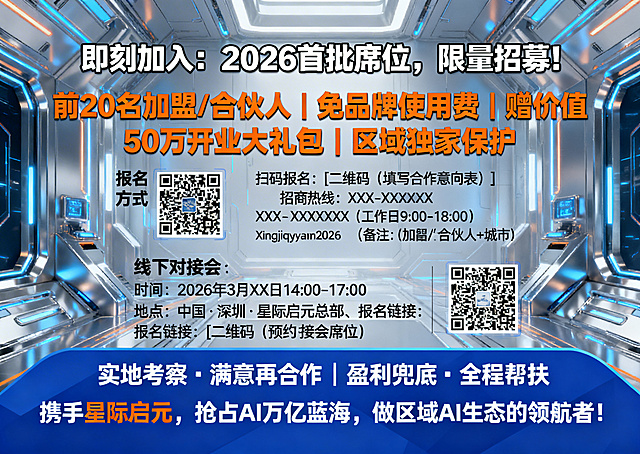 16开横版页面，标题为粗体的“即刻加入：2026首批席位，限量招募！”，核心信息集中呈现，橙色字体突出首批福利“前20名加盟/合伙人｜免品牌使用费｜赠价值50万开业大礼包｜区域独家保护”；报名方式标注“扫码报名：[二维码（填写合作意向表）]、招商热线：XXX-XXXXXXX（工作日9:00-18:00）、招商微信：Xingjiqiyuan2026（备注：加盟/合伙人+城市）”；线下对接会标注“时间：2026年3月XX日 14:00-17:00、地点：中国·深圳·星际启元总部、报名链接：[二维码（预约对接会席位）]”；底部是蓝色底白字的核心承诺“实地考察·满意再合作｜盈利兜底·全程帮扶”，结尾语为粗体的“携手星际启元，抢占AI万亿蓝海，做区域AI生态的领航者！”，整体采用科技蓝+金属银+活力橙配色