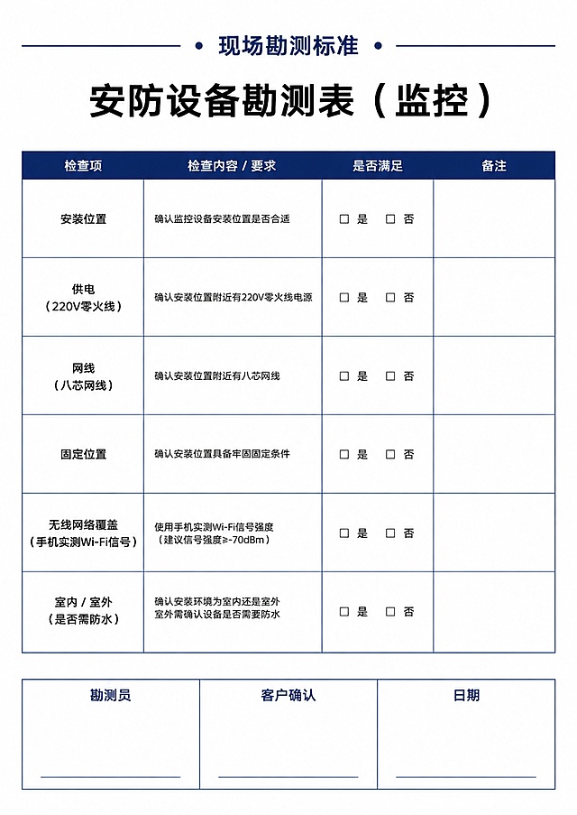 极简商务风可打印表单，A4尺寸，白底黑字深蓝色点缀，顶部有深蓝色文字"现场勘测标准"，页面标题"安防设备勘测表（监控）"。生成一个表格，包含检查项：安装位置、供电（220V零火线）、网线（八芯网线）、固定位置、无线网络覆盖（手机实测Wi-Fi信号）、室内/室外（是否需防水），每一项预留填写勾选区域。页面底部预留三栏签字栏："勘测员"、"客户确认"、"日期"。表格边框深蓝色，留白充足方便手写，极简商务风。