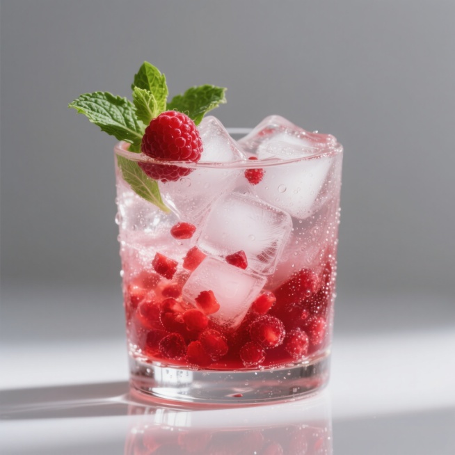 高清晰商业摄影风格，一杯装在透明玻璃杯中变换样式的红色浆果鸡尾酒，杯中充满大量冰块和红色果肉颗粒，杯壁凝结着晶莹水珠，杯口装饰新鲜绿色薄荷叶和一颗完整红莓，液体呈现半透明的红宝石色调，强烈的侧逆光营造出液体的通透感和冰块的棱角反光，白色纯净背景，物体底部有柔和倒影，光影对比鲜明，质感细腻，整体氛围清爽诱人。预览效果