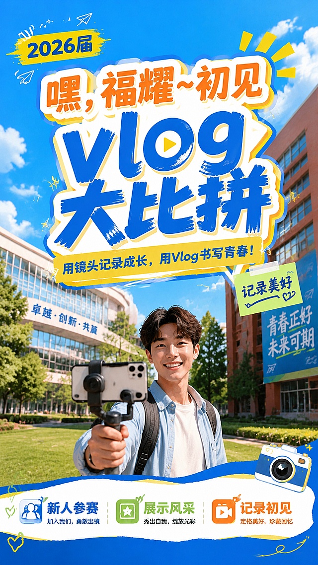 青春活力校园风活动宣传海报，9:16竖版。减少人像数量，保留干净背景。按照要求调整文字顺序：主标题为"嘿，福耀~初见 vlog大比拼"，主卖点为新人参赛、展示风采、记录初见。整体风格年轻活泼，明亮活力蓝黄配色，简洁校园蓝天背景，版式精美，文字清晰可读，整体氛围积极向上，适合企业新人活动宣传。