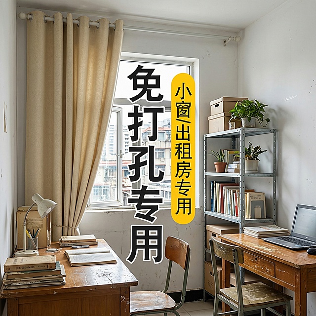 保留这款米白色免打孔窗帘的面料材质，将场景切换为出租屋改造型小书房，用简易置物架和旧书桌布置，调整窗帘展示角度，保留“免打孔专用 小窗/出租房专用”文字，风格贴合平价出租屋氛围
