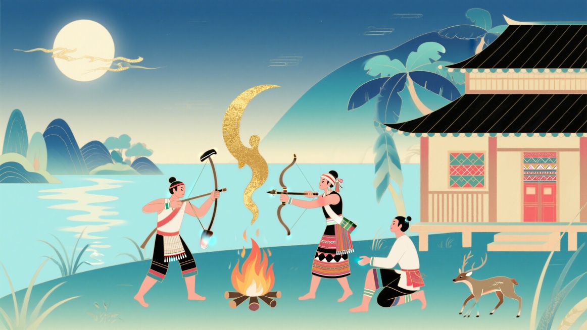 重新创作拉祜族根古章节北方牡必密必，糯海厄湖泊旁，拉祜人与汉人共居狩猎，持弩为拉祜人，持锄为汉人，包含日月沐浴神话细节，展现火塘生活与月光下跳舞的场景，后因汉人增多产生冲突争端，拉祜人不愿战争从北南迁预览效果