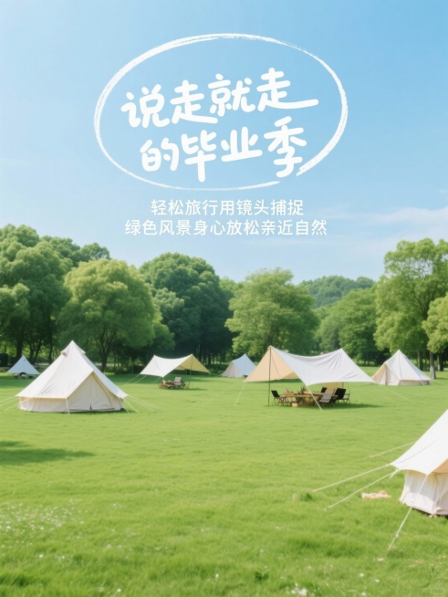 实拍场景户外露营场景（草地、帐篷、绿树），圆润的手写体，大标题“说走就走的毕业季” ，小标题“轻松旅行用镜头捕捉绿色风景身心放松亲近自然”。预览效果