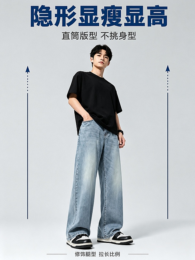 淘宝男装牛仔裤竖版主图第三张，1440x1920竖屏3:4比例，正面微仰视角全身展示。同一位年轻亚洲男模特，黑色短发，身穿黑色宽松短袖T恤，下身穿着浅蓝色水洗天丝莱赛尔直筒牛仔裤，脚穿黑白拼色休闲运动鞋，单手插袋站立，微仰视角度，突出腿长效果，展示显瘦显高视觉效果。背景为极简浅灰色影棚背景，风格统一。上方大标题"隐形显瘦显高"，深蓝色超粗体无衬线，居中；下方副标题"直筒版型 不挑身型"，深灰色，字号约三分之一，居中。画面左右两侧各有一条竖向装饰线，配合箭头向上的视觉引导元素，强化显高概念。底部小字"修饰腿型 拉长比例"。商品主体（裤子）占画面比例约60%。商业摄影质感，正面柔光，微仰视角度拉长腿部线条。保持牛仔裤外观颜色材质与参考图绝对一致。负向提示：变形，文字错乱，产品模糊，背景杂乱，水印，电商平台Logo。