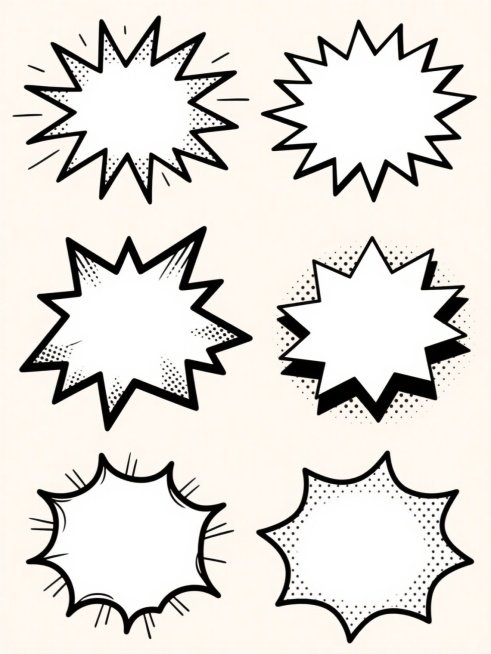 六个不同样式的漫画爆炸框素材，采用黑白线条手绘风格，每个爆炸框具有独特的尖锐边缘、放射状线条和点状纹理细节，统一以白色为浅色背景，六个爆炸框整齐排列为上下两行（每行三个），保持一致的视觉大小和间距，整体呈现出经典美式漫画的夸张表现力和复古印刷质感，无任何文字、LOGO、电话地址及二维码元素。预览效果