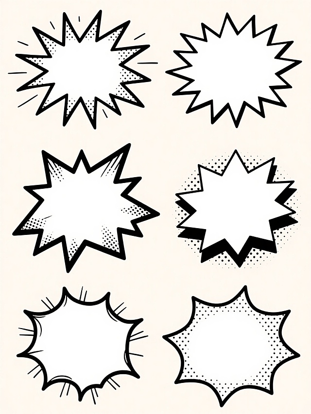 六个不同样式的漫画爆炸框素材，采用黑白线条手绘风格，每个爆炸框具有独特的尖锐边缘、放射状线条和点状纹理细节，统一以白色为浅色背景，六个爆炸框整齐排列为上下两行（每行三个），保持一致的视觉大小和间距，整体呈现出经典美式漫画的夸张表现力和复古印刷质感，无任何文字、LOGO、电话地址及二维码元素。