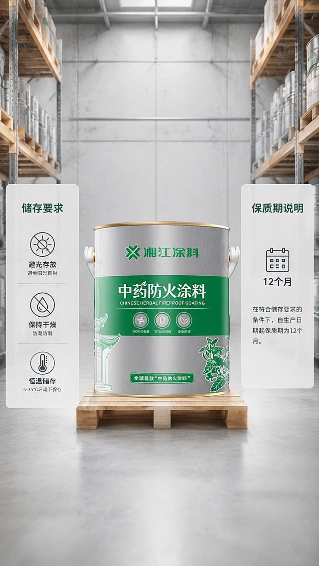 [第8屏] 储存与运输-中心展示产品仓储场景。中心金属涂料桶外观与输入产品图一致。
[氛围/风格] 工业产品仓储视觉，简约干净，写实实景板块。
[元素布局] 中心金属涂料桶放置在阴凉通风仓库货架场景，背景为浅灰仓库极简环境，左右分两块文字区域：储存要求、保质期说明，标题文字为浅墨绿。辅助视觉为避光、干燥、恒温简约图标，无绿植大面积绿色。
[光影质感] 柔和仓库顶光，整体光影干净，产品主体清晰，货架纹理自然。
[配色色系] 浅灰仓库背景，主色调银灰、原木货架色，浅墨绿仅用于标题文字，占比低于10%。
[视角构图] 中心产品，左右文字分区，构图均衡稳定，视觉重心突出产品。
[文字版式] 左右分置储存要求和保质期说明，标题浅墨绿，正文清晰，不遮挡产品主体。
[比例分辨率] 9:16竖版比例，8K分辨率，高清画质。
[负向提示词] 产品变形，场景杂乱，大面积绿色，文字模糊，光影过暗
