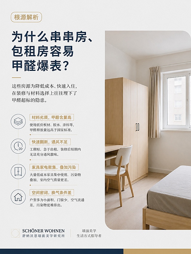 浅灰白色极简背景，高级德国家居科普海报，舒纳沃恩墙面美学研究所版式风格，干净大量留白，低饱和蓝金色点缀，中文大标题，小标题区块用浅金色标签框，左侧文字排版，右侧搭配写实生活场景照片，简约家居实景，柔和自然光，平面宣传页，无透视，现代中文黑体+宋体混排，干净克制，不要电商大促，无爆炸贴纸，高清，浅灰白背景，左上角浅金色标签【根源解析】，大标题“为什么串串房、包租房容易甲醛爆表？”，右侧视觉：简陋快速翻新的出租房局部，柔和光线，左侧文字分点排版，平面科普海报，蓝金色配色，大留白，不要脏乱恐怖画面
