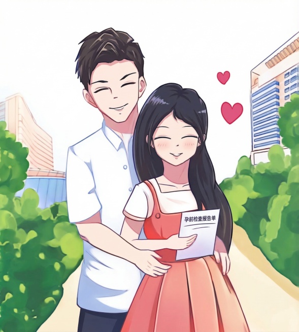 生成和原图一模一样的画面，提升分辨率转为高清，保留所有构图、元素和配色不变：一对微笑的情侣，男生从身后环抱女生，女生手持孕前检查报告单，背景是户外街道绿植和建筑，右侧有两颗红色爱心，卡通漫画风格预览效果