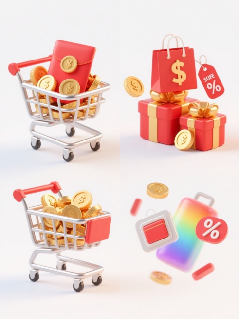 4个不同造型的商城元素系列素材集合，包括装满金币和红包的购物车、堆叠的礼盒与闪耀金币、带有购物袋和货币符号的促销标签、以及悬浮商品和折扣符号的组合，每个元素均采用3D立体风格，主色调为红色、金色与银色，搭配彩虹色渐变光效，具有光滑的塑料和金属质感，光影明亮柔和，高光清晰，阴影细腻，整体构图饱满且富有动感，元素规整排布在纯白色背景上，适合电商促销主题设计预览效果