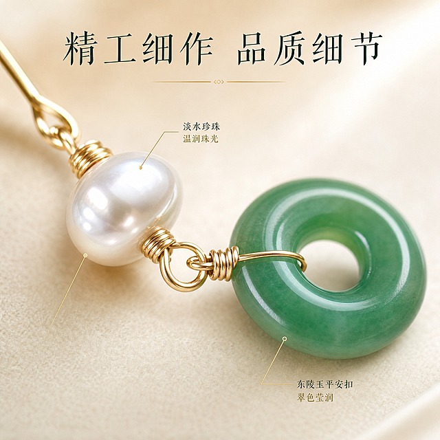 [主图-3] 细节微距 工艺品质展示。
[统一基调] 国风雅致珠宝质感，背景为浅香槟米白柔焦绒面，整体暖调柔光；标题字色为墨玉绿，辅助字色为浅金棕，强调色为淡金色；字体为细衬线国风宋体，标题大而精致，辅助文字缩小60%以上；画面元素克制，无多余装饰，突出珠宝高级感。
[画面] 画面采用微距特写视角，聚焦耳环的平安扣与珍珠连接处，清晰展示金色绕线工艺、珍珠的细腻皮光与平安扣的玉石纹理。左侧放大展示淡水珍珠的圆润光泽与表面细腻质感，右侧放大展示东陵玉平安扣的翠绿通透与打磨工艺，中间用细引线标注对应工艺名称。产品材质、颜色、结构与输入图完全一致，精修干净无灰尘划痕。
[光影质感] 微距珠宝摄影质感，柔光均匀打亮产品，珍珠表面有柔和高光弧，玉石平安扣边缘有透光感，金属绕线有细腻拉丝质感，阴影柔和不生硬。
[配色] 浅香槟米白背景，产品金、白、绿三色为主，文字墨玉绿配浅金引线，精致高级。
[文字版式] 画面顶部居中主标题「精工细作 品质细节」，画面中用极细淡金色引线分别指向珍珠与平安扣，旁注「淡水珍珠 温润珠光」「东陵玉平安扣 翠色莹润」，文字字号小而精致，不遮挡产品核心细节。
[输出要求] 1:1正方形，2K高清，微距细节锐利，材质质感真实，文字清晰；负向：灰尘、划痕、指纹、脏点、变形、错字、模糊、水印、平台Logo、过曝发白、塑料感。