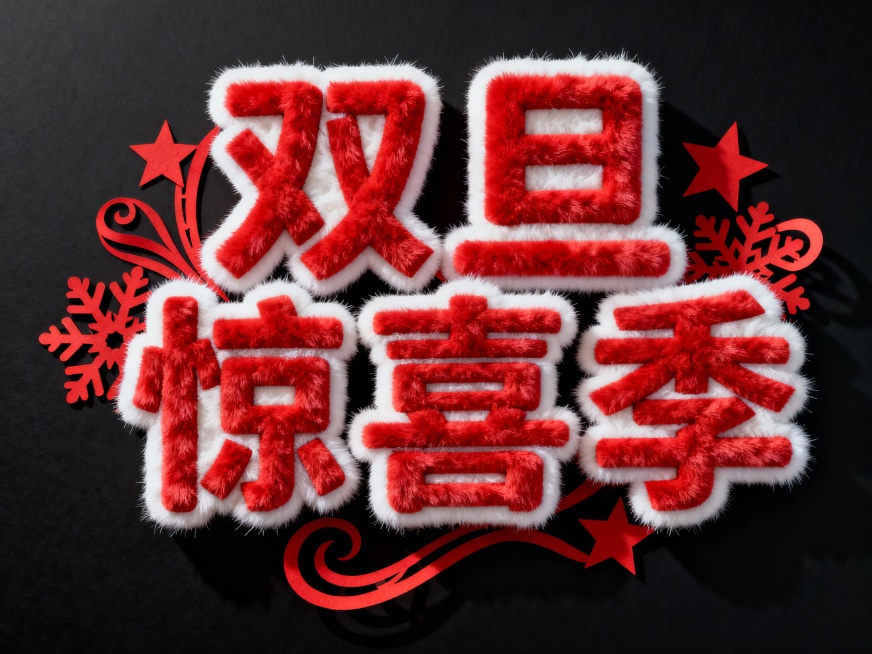 “双旦惊喜季” 毛绒艺术字，红字白边，嵌入红色剪纸元素，黑色背景预览效果