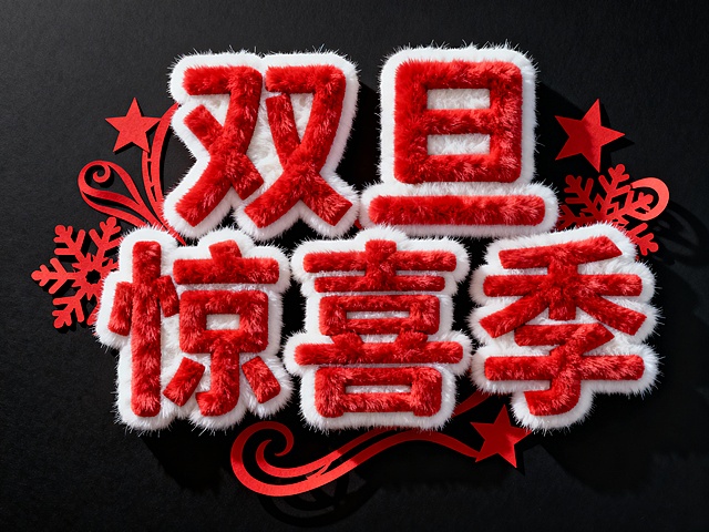 “双旦惊喜季” 毛绒艺术字，红字白边，嵌入红色剪纸元素，黑色背景