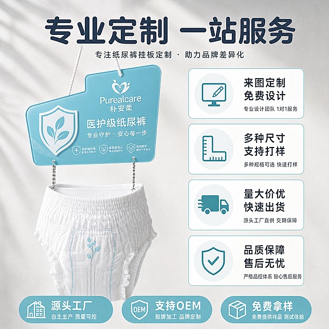 [主图-5] 定制服务与规格说明，突出B端定制服务优势和合作保障，促进客户下单咨询。
[统一基调] 阿里1688 B端源头工厂感，整体干净通透、浅色暖调、柔和自然光，主色为奶油白+浅蓝绿辅助色，背景为浅灰色工厂样品展示墙质感，标题用圆润粗黑体深灰蓝色，卖点标签用圆角胶囊形浅蓝底白字，全套视觉统一。
[画面] 画面左侧展示一款代表性挂板产品（医护级蓝款）45度角悬挂展示，右侧区域用4个圆角矩形卡片竖向排列展示定制服务内容，从上到下依次为："来图定制 免费设计"配设计图标、"多种尺寸 支持打样"配尺寸图标、"量大价优 快速出货"配货车图标、"品质保障 售后无忧"配盾牌图标。底部横向排列3个服务承诺胶囊标签："源头工厂"、"支持OEM"、"免费拿样"。顶部大标题"专业定制 一站服务"。
[光影质感] 左侧产品柔光悬挂拍摄，质感真实，右侧卡片简洁平面化，整体干净专业，B端商务感。
[配色] 浅灰渐变背景，深灰蓝标题，卡片用浅蓝绿边框+白色底，图标用蓝绿色，整体清爽专业。
[文字版式] 顶部居中大标题，左产品右卡片的左右分栏版式，底部横向服务标签，文字清晰层级分明，信息一目了然。
[输出要求] 1:1正方形，2048×2048，2K分辨率，文字清晰无错字，信息排版整齐，画面干净无水印无平台Logo，无多余杂物。