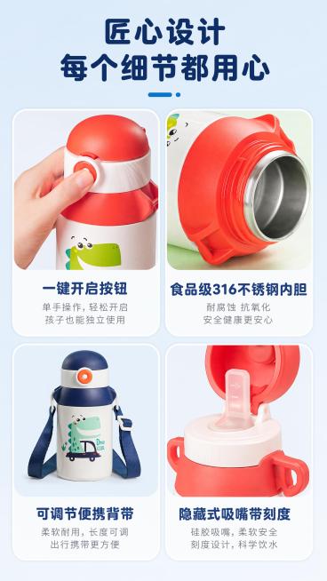[第3屏] 整体结构解析，四宫格细节展示页。使用【图3】开盖细节、【图4】内胆细节、用户描述核心卖点，分四个格子展示四大核心结构。四宫格布局，每个格子一张细节图配简短说明。本屏使用【图3】展示一键开盖预览效果