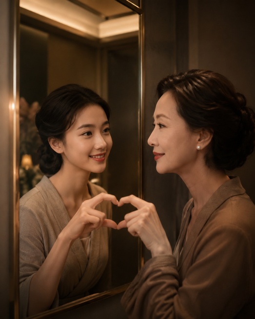 参考图片风格，生成没有文字的画面内容：中年女性对镜比心，镜子中反射出年轻的自己，暖棕质感暖光，医美场景，优雅氛围预览效果