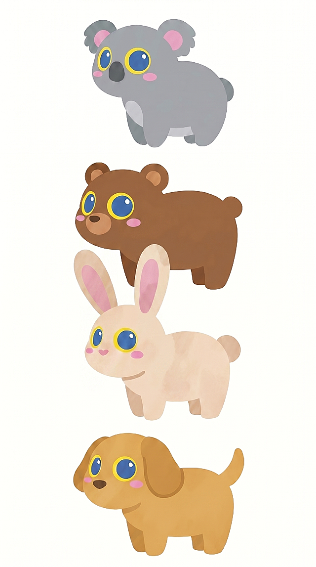 参考原图风格，将考拉、熊、兔子、狗都调整为站立姿态，兔子改为竖立长耳朵，保持相同的大蓝眼睛黄色边框粉色腮红特征，柔和扁平化卡通风格，纯白色背景，竖排排列，软萌可爱质感