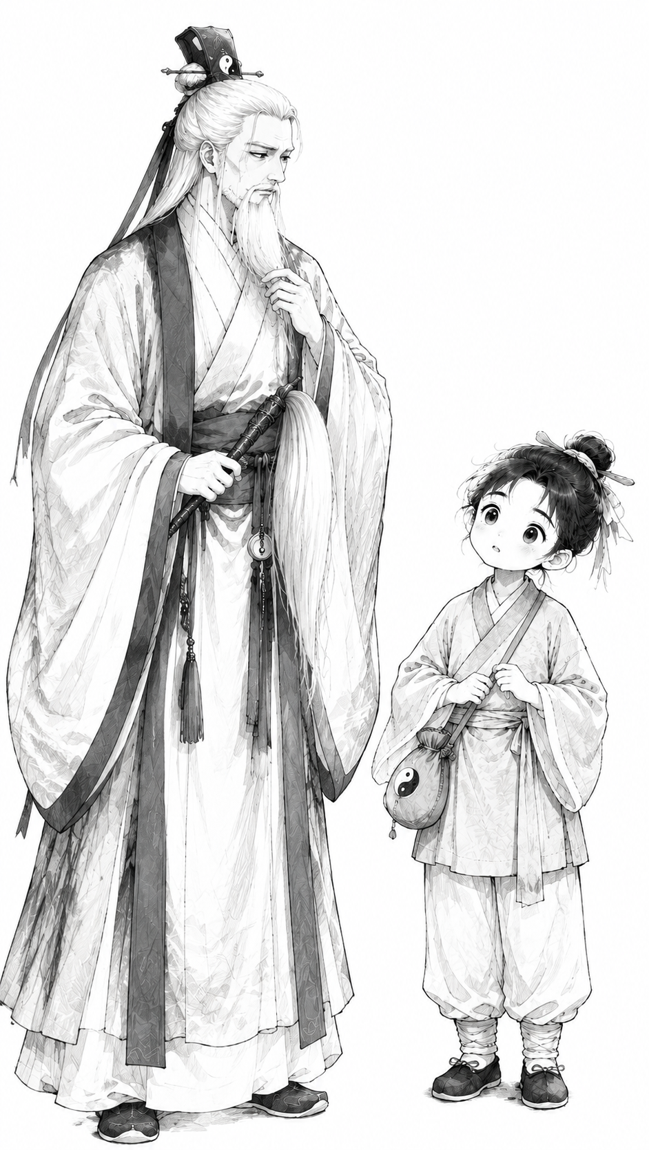 将这张图转换成黑白素描风格：人物完全保持不变（老道长白发道冠、… - 图片创意预览