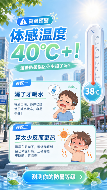 手机竖版第二页高温预警，背景是烈日下的城市街道，温度计显示38℃，主题色清凉蓝和薄荷绿，标题文字“体感温度40℃+！这些防暑误区你中招了吗？”，列举误区“渴了才喝水”、“穿太少反而更热”，搭配卡通中暑预览效果