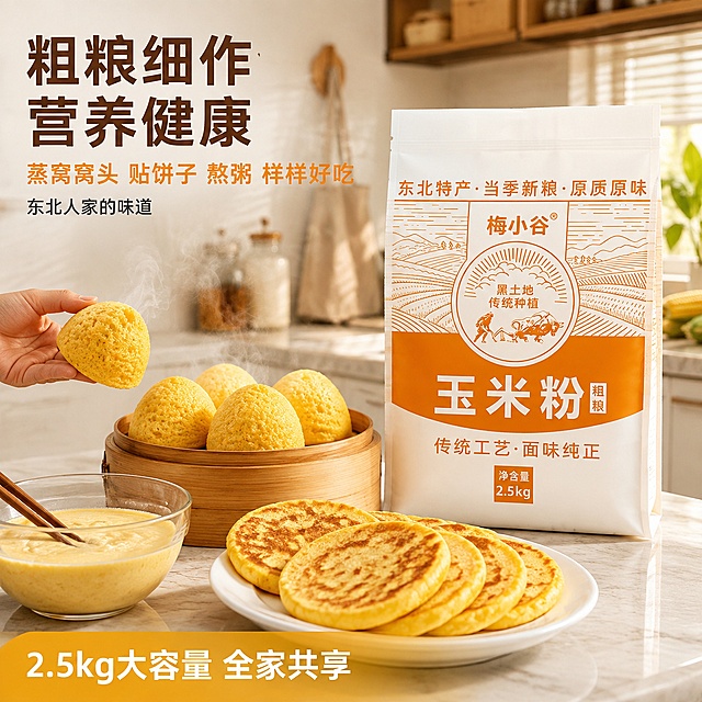 [主图-4] 家庭厨房场景 玉米粉制作美食 窝窝头玉米饼。
[氛围风格] 温馨家庭厨房场景 生活气息浓厚 温暖治愈 专业美食摄影。
[画质] 商业美食摄影质感 光线柔和温暖 食物诱人 画面干净高级 超高清。
[元素] 画面右侧为梅小谷玉米粉袋装产品立放于厨房台面上 包装外观与输入产品图完全一致 占画面约40%。产品左侧的厨房台面上 摆放着刚蒸好的玉米窝窝头和金黄的玉米饼 放在竹制蒸笼和白色瓷盘中 冒着微微热气 色泽金黄诱人 表面有细腻的气孔纹理。旁边有一个玻璃碗 碗中是调好的玉米面糊 还有一双筷子搭在碗边。台面是浅灰色大理石纹理 背景是温馨的北欧风厨房 白色橱柜 木质吊柜 墙上挂着围裙 窗台上有绿植和玉米装饰。一只手（仅露出手部局部）正拿起一个窝窝头 展示食用场景 手部自然不扭曲。保持产品外观（物理结构 材质质感 颜色）与输入产品图绝对一致 杜绝任何变形和色差 产品与台面有真实接触阴影。
[光影] 暖黄色厨房主灯+窗边自然光结合 整体温暖柔和 食物表面有诱人的光泽 热气在光线下清晰可见 阴影柔和 有家庭温馨感。
[配色] 主色暖黄+米白 辅色原木棕+浅灰 强调色暖橙（产品包装）。
[视角构图] 平视略偏俯视 45度角 产品和美食并置 左右构图 景深中等 背景厨房虚化 突出前景食物和产品。
[文字版式] 左上负空间左对齐排版。主标题大字粗体"粗粮细作 营养健康" 深棕色最大号 下方辅助文案"蒸窝窝头 贴饼子 熬粥 样样好吃" 橙黄色中号 再下方"东北人家的味道"小号深灰字。底部有半透明暖黄渐变条 内有"2.5kg大容量 全家共享"白字。
[输出要求] 1:1比例 文字清晰锐利 超高清商业摄影质感。
[负向提示词] 变形 文字错乱 产品模糊 背景杂乱 水印 电商平台Logo 多余的手指 畸形手 手部扭曲 人物面部。
