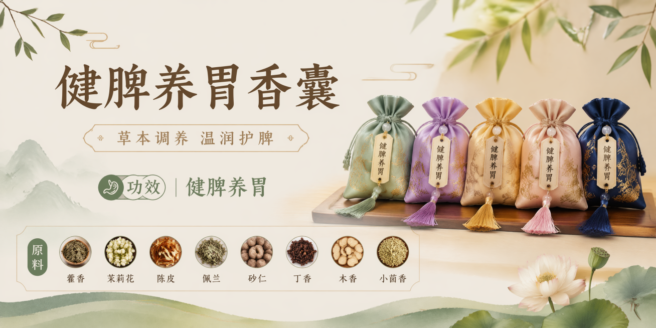 横向台卡设计，长20cm宽9.99cm，中式养生自然风格，展示健脾养胃香囊，展示多款不同颜色的香囊类型，不包含禁忌内容，画面包含香囊实物图片，文字清晰：主标题"健脾养胃香囊"，副标题"草本调养 温润护预览效果