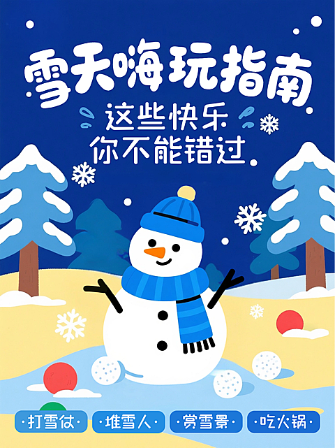蓝色卡通插画冬天寒假雪天嗨玩指南攻略推荐小红书封面
