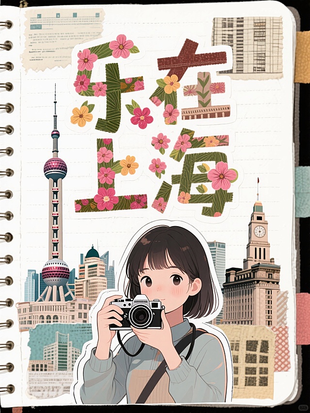 超大标题居中“乐在上海”（文字花字设计带有上海元素），一个少女拿着相机文字下方，写实人像，人像周围有描边，手账拼贴风