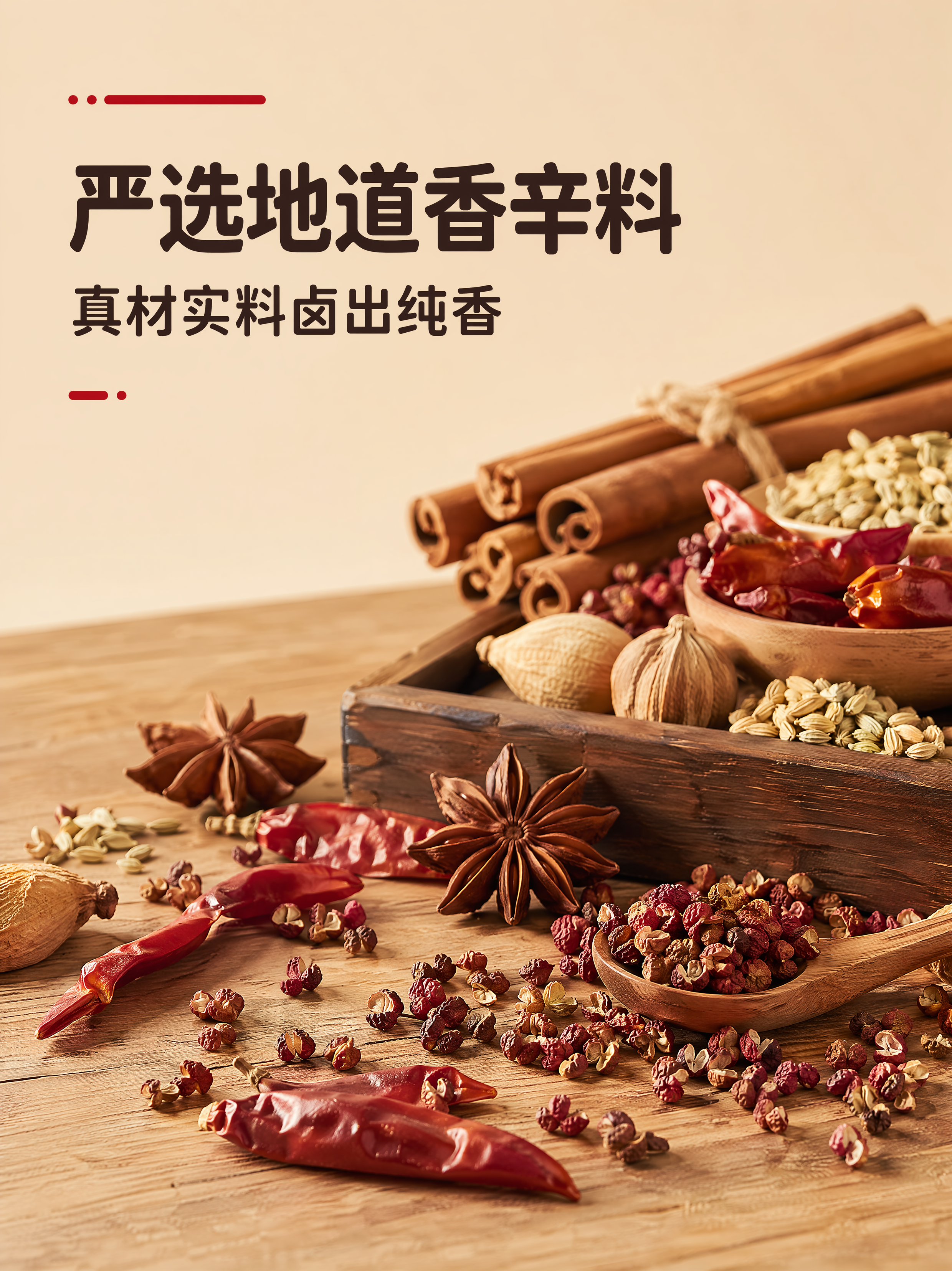 [第2屏] 原料展示-周黑鸭卤料严选地道香辛料。浅棕色木质桌面… - 图片创意预览