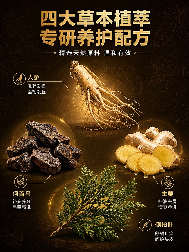 [商品] 成分解析专页 以成分为主视觉 可不使用产品图做图生图 重点展示四大草本原料的真实质感和功效说明。
[画面] 页面目标：核心成分深度解析 四大草本植萃原料可视化 建立专业成分背书。构图：四大成分原料大图呈菱形分布 占据画面主要区域 每个成分占画面约20% 合计占画面60%以上。上方居中是完整人参根带须 纹理清晰 左下是制何首乌块状堆叠 右下是新鲜生姜切片带姜汁光泽 中间偏下是侧柏叶枝叶舒展。每个成分旁边配细金线引线标签 指向成分名和功效。背景：深棕色带细微草本叶脉纹理 有柔和的暖金色光晕环绕每个成分 成分底部有微弱投影 增加悬浮层次感。
[视觉] 套系策略：风格=国潮草本高级商业摄影；标题字=现代无衬线粗体 字重较粗；正文字=简洁无衬线体 字重常规；主色=深棕黑；背景延展=基于深棕黑做深浅渐变 草本纹理 暖金光晕层次；强调色=琥珀金 仅用于小面积图标 引线 标签 光效；标题色=烫金色；正文色=米白色；组件=细金线边框标签 线性图标；光影=每个成分独立打光 突出原料纹理和体积感 整体光影柔和高级。
[文字] 画面顶部主标题 烫金色粗体 四大草本植萃 专研养护配方 副标题 米白色 精选天然原料 温和有效。人参标签 人参 滋养发根 强韧发丝 何首乌标签 何首乌 补充养分 乌黑亮泽 生姜标签 生姜 控油去屑 清爽净透 侧柏叶标签 侧柏叶 舒缓止痒 呵护头皮 每个标签两行文字 成分名稍大 功效稍小 全部横排。
[规格] 图片比例3:4竖版 4K分辨率 避免变形 错字 文字过小 成分模糊 冷蓝背景 水印 平台Logo。