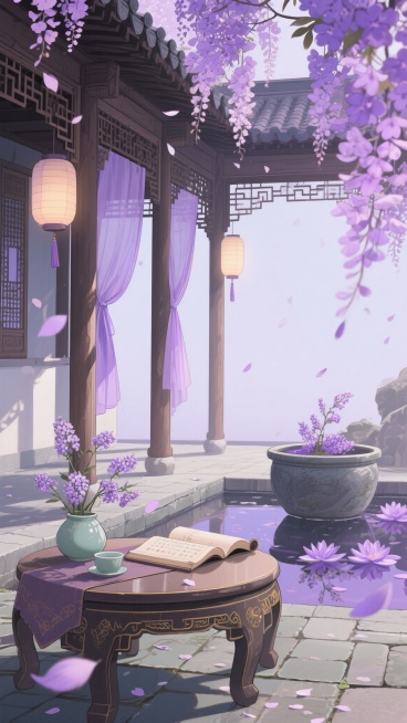 二次元，古风，浅紫色庭院，细节丰富，唯美，生成10张预览效果