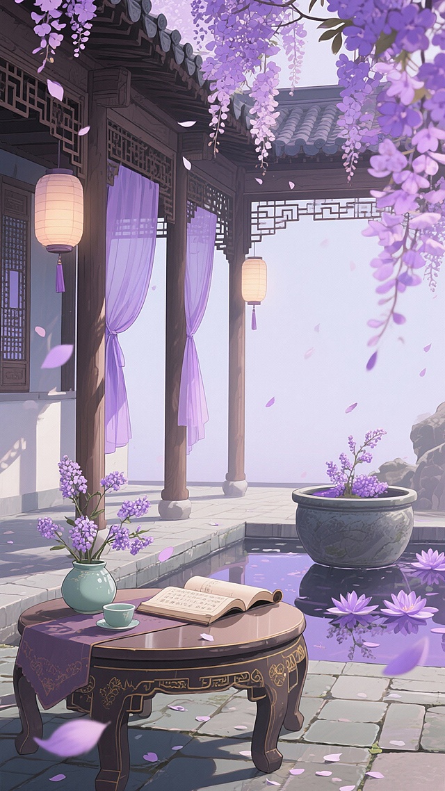 二次元，古风，浅紫色庭院，细节丰富，唯美，生成10张