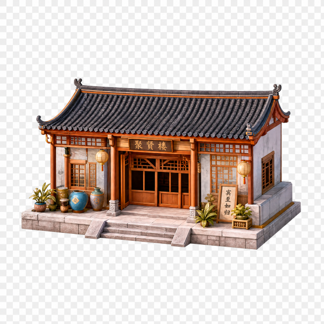 单独截取03号的古建筑，保留完整建筑，背景透明，导出为png免扣元素预览效果