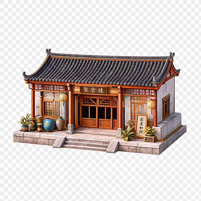 单独截取03号的古建筑，保留完整建筑，背景透明，导出为png免扣元素