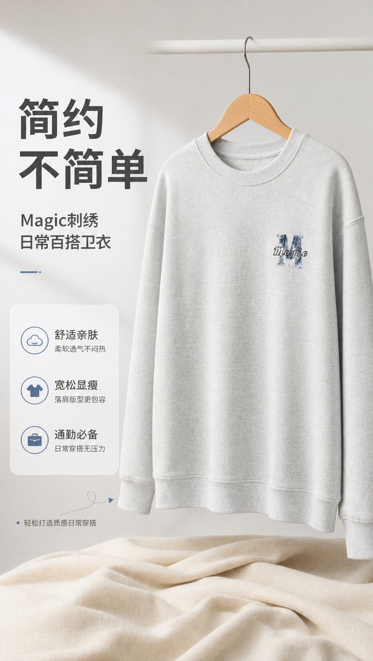 [商品] 使用【图1】浅花灰色圆领卫衣；商品处理：保留圆领、落… - 图片创意预览
