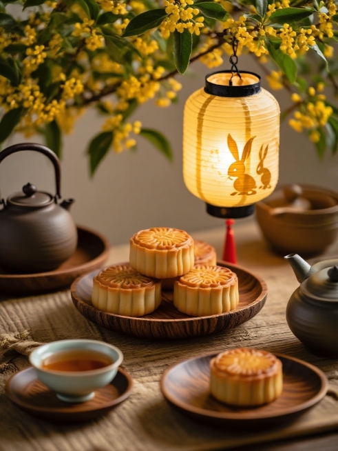 古朴的茶具摆放整齐，茶壶，茶杯，月饼放在在木制纹理碟子。带有兔子花纹的纸灯笼散发暖黄光晕，照亮月饼。茂密的桂花枝预览效果